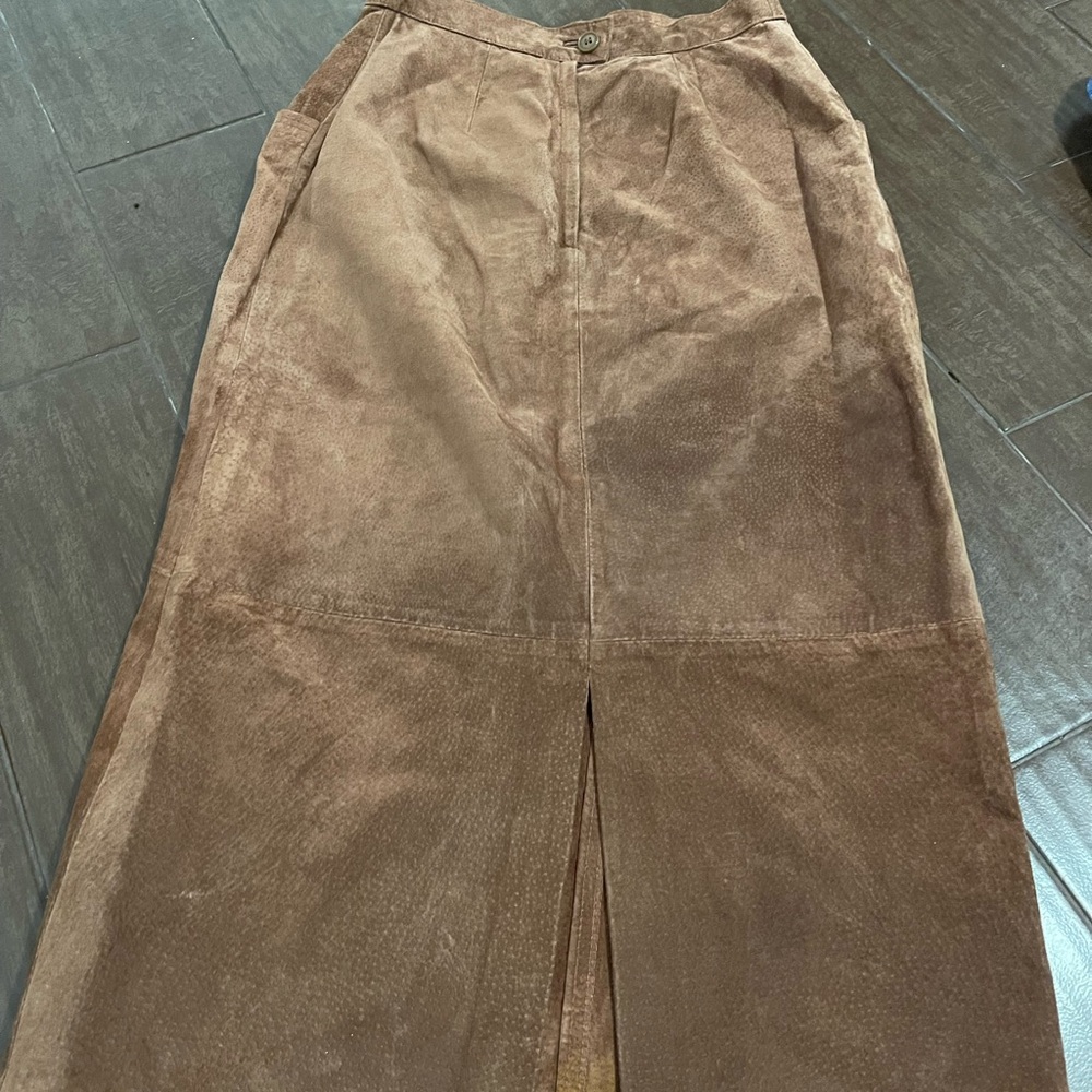 Brown Leather Suede Midi Skirt